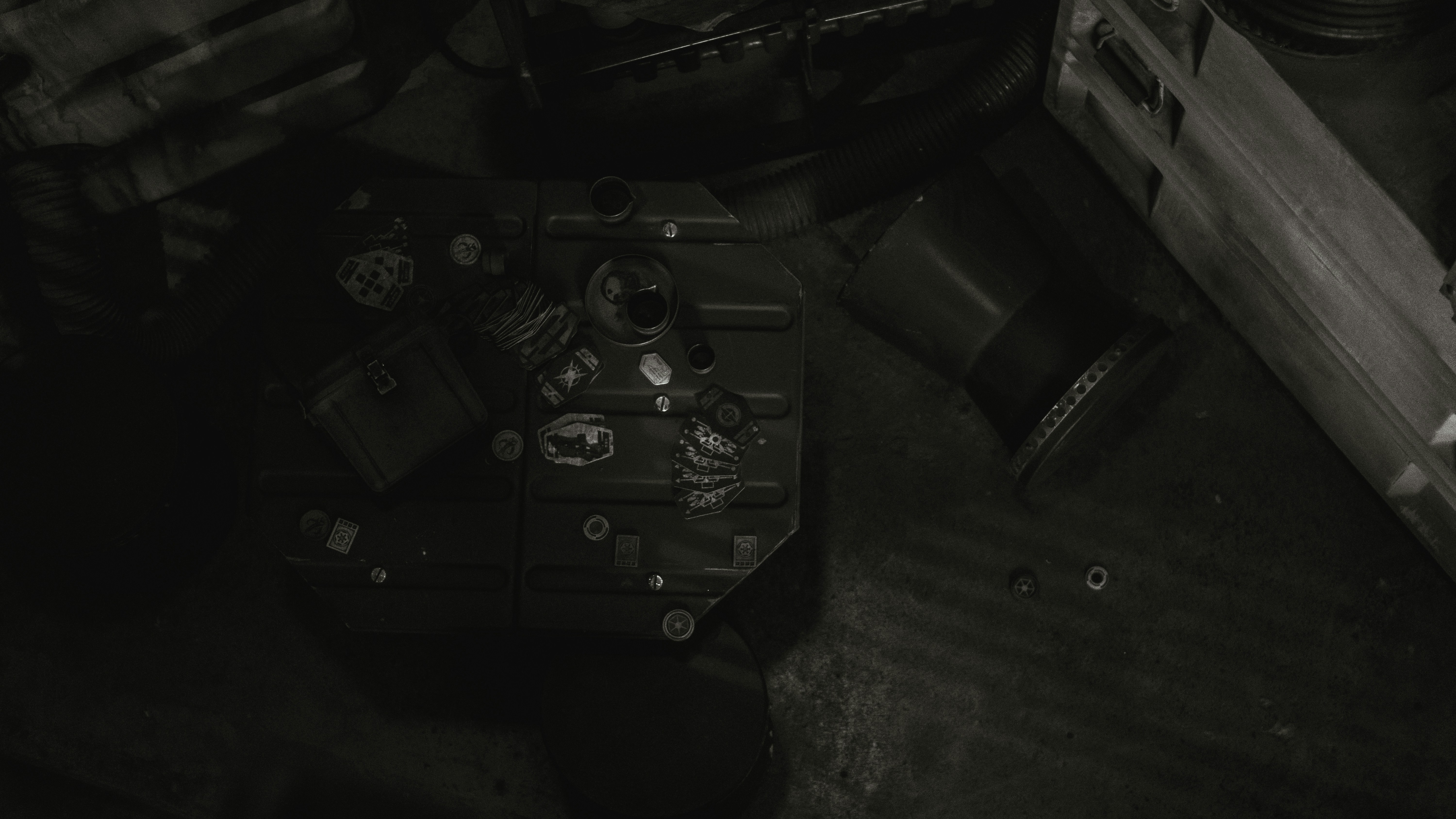 a black and white photo of a bunch of items