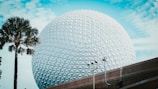 A large, geodesic dome with a faceted surface is prominently displayed against a clear blue sky. To the left, a tall palm tree adds a natural element, contrasting with the architectural structure. Below the dome, a roadway or pathway with railings and utility poles can be seen.