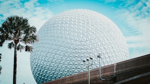 A large, geodesic dome with a faceted surface is prominently displayed against a clear blue sky. To the left, a tall palm tree adds a natural element, contrasting with the architectural structure. Below the dome, a roadway or pathway with railings and utility poles can be seen.
