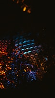 A nighttime scene featuring a geodesic dome partially obscured by silhouetted foliage. The dome is adorned with a geometric pattern and illuminated by vibrant colored lights in shades of blue, orange, and red, creating a striking visual contrast against the dark sky.