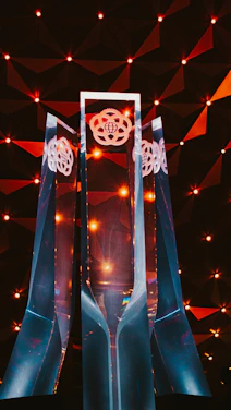 A futuristic audio lab filled with glowing holographic sound waves and crystal-like structures.