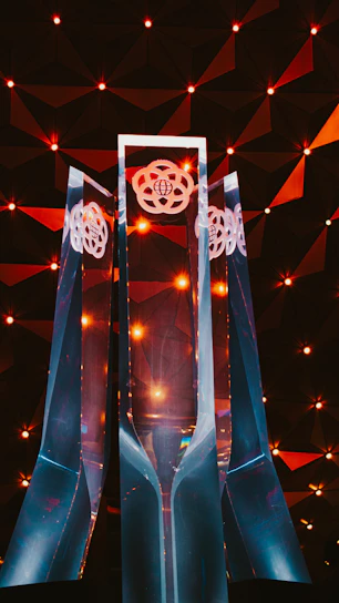 A futuristic audio lab filled with glowing holographic sound waves and crystal-like structures.