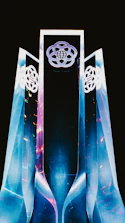 A glass pillar glowing with a brilliant metallic cyan interconnected network icon inside, illuminated in a minimalist gallery.