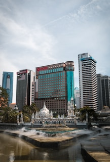 a view of a city with a fountain in the foreground