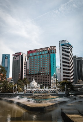 a view of a city with a fountain in the foreground