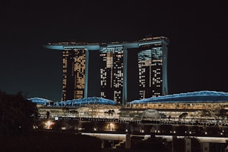 A sleek nighttime aerial view of The Enclave showcasing its illuminated 124ft commercial boulevard and modern fortress design.