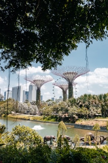 A lush, green park landscape features towering artificial structures resembling trees. In the background, a skyline of modern skyscrapers is visible. A body of water with a gentle fountain is surrounded by dense foliage and sculptures. The sky is bright and clear, enhancing the overall vibrant scenery.