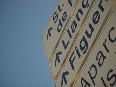 A collection of directional signs pointing to various locations, featuring names like Figueres, Llancia, and others. The signs have bold, dark lettering against a light background, set against a clear blue sky.