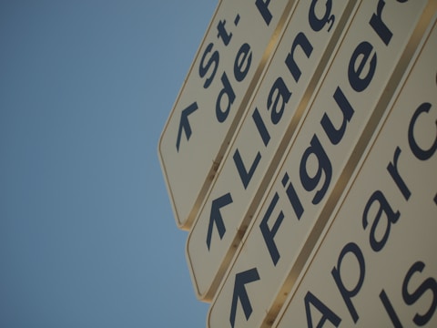 A collection of directional signs pointing to various locations, featuring names like Figueres, Llancia, and others. The signs have bold, dark lettering against a light background, set against a clear blue sky.