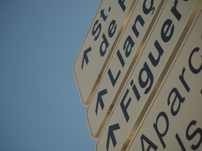 A collection of directional signs pointing to various locations, featuring names like Figueres, Llancia, and others. The signs have bold, dark lettering against a light background, set against a clear blue sky.