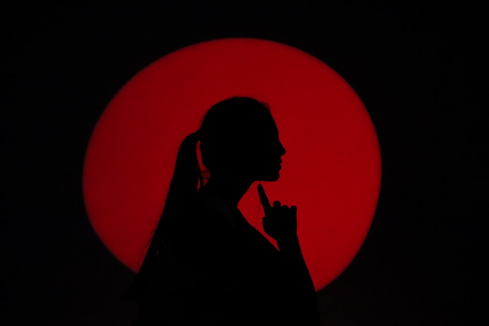 a silhouette of a woman in front of a red sun