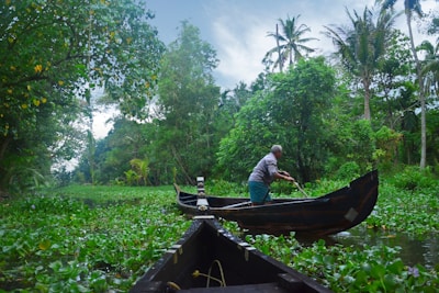 a man standing on a boat in a swampy area