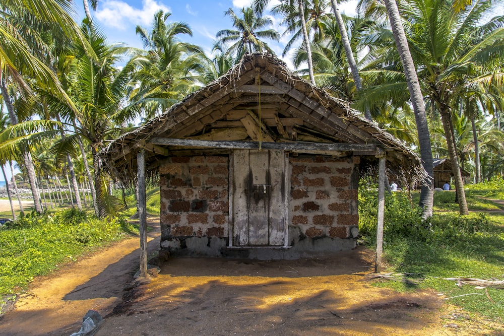 eine kleine Hütte mit Strohdach, umgeben von Palmen