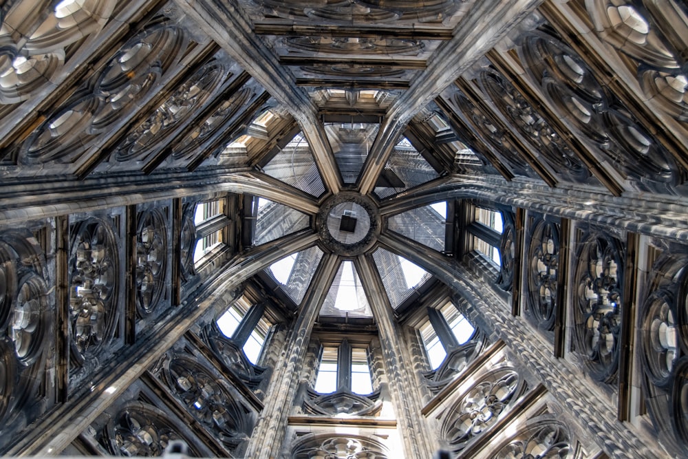 a view looking up at the ceiling of a building