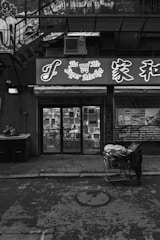 A monochrome image of an urban storefront with signage in both English and Chinese. Graffiti is visible on the building. There is a shopping cart filled with various items on the sidewalk and trash bins to the left. The setting appears gritty and atmospheric with shadows cast by the surrounding structures.
