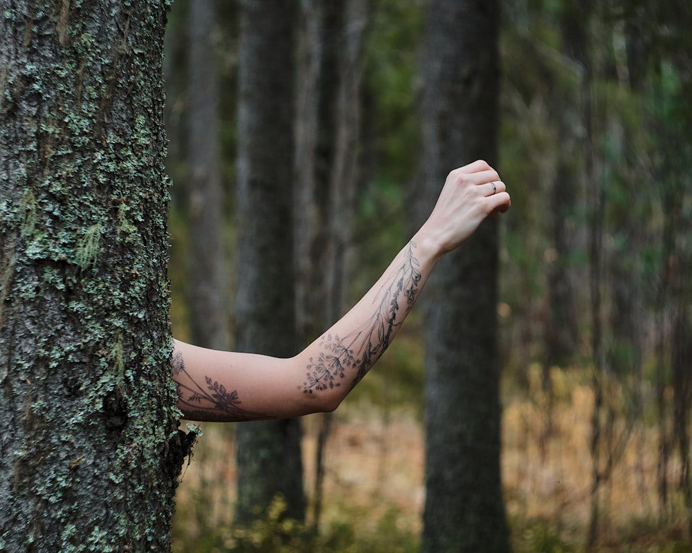 a person with a tattoo on their arm reaching up to a tree