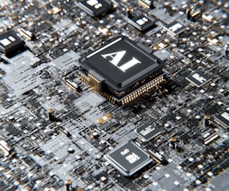 A close-up view of a computer motherboard with a prominent microchip labeled 'AI' at the center. The board is densely populated with circuits, capacitors, and other electronic components in various shades of gray, black, and gold.