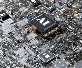 A close-up view of a computer motherboard with a prominent microchip labeled 'AI' at the center. The board is densely populated with circuits, capacitors, and other electronic components in various shades of gray, black, and gold.