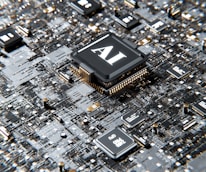 A close-up view of a computer motherboard with a prominent microchip labeled 'AI' at the center. The board is densely populated with circuits, capacitors, and other electronic components in various shades of gray, black, and gold.