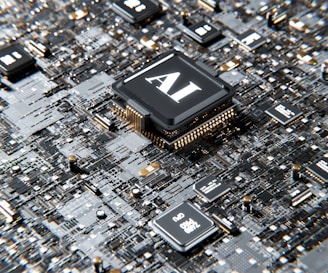 A close-up view of a computer motherboard with a prominent microchip labeled 'AI' at the center. The board is densely populated with circuits, capacitors, and other electronic components in various shades of gray, black, and gold.