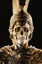 A dramatic fusion artwork showing a Viking warrior helmet adorned with Egyptian hieroglyphs glowing under a twilight sky.