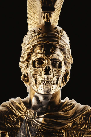 A dramatic fusion artwork showing a Viking warrior helmet adorned with Egyptian hieroglyphs glowing under a twilight sky.