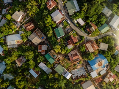 Aerial view of diverse residential properties showcasing various accommodation styles.