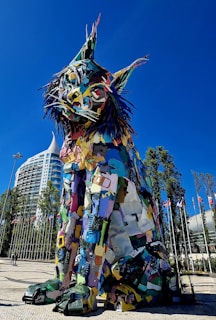 A modern sculpture made of recycled materials, symbolizing sustainability.