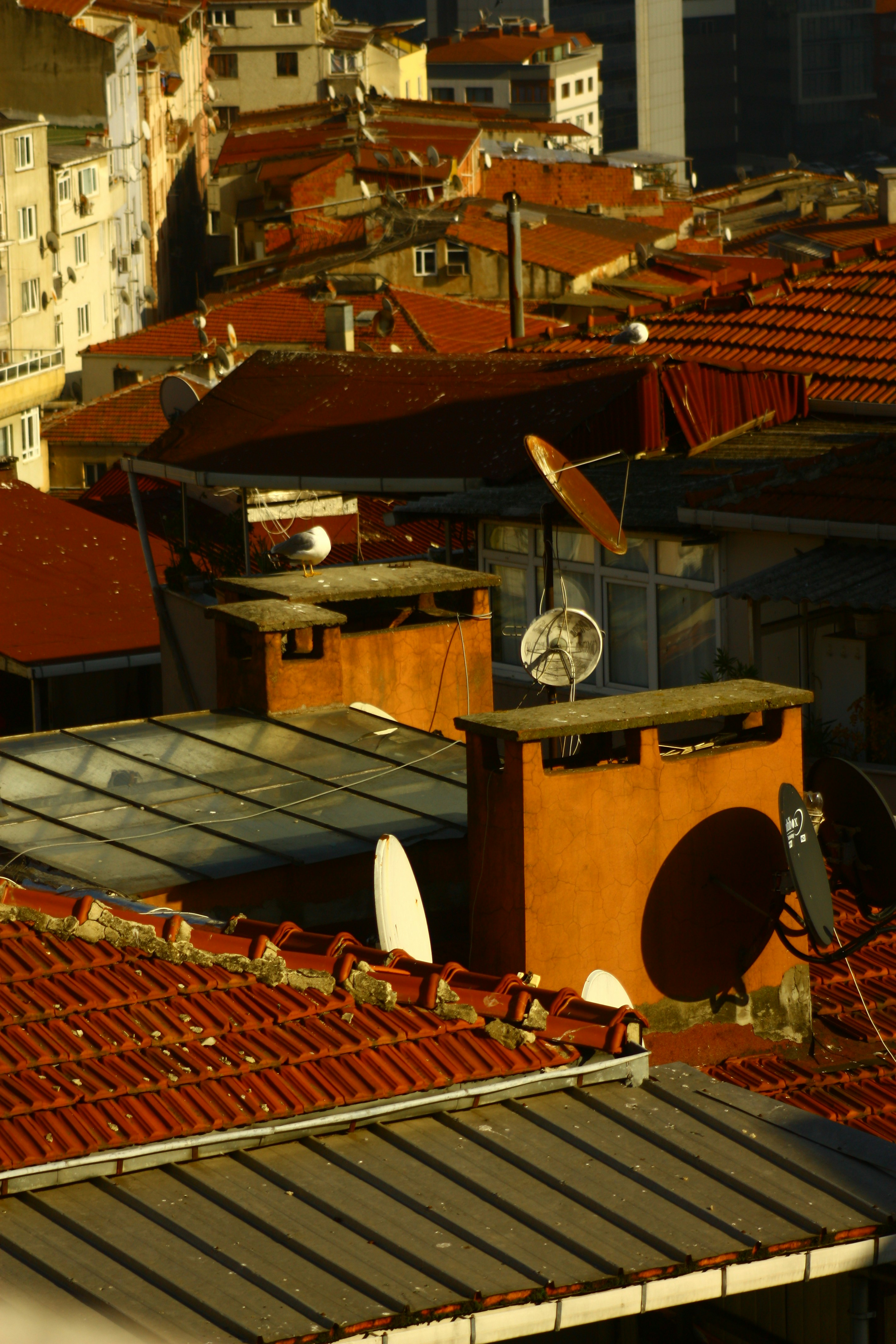 a view of rooftops and rooftop fans in a city
