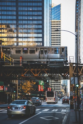 A city street with a visible elevated train track carrying a train through an urban environment. Tall modern buildings with glass exteriors surround the area, and vehicles including cars and a bus can be seen on the road beneath the tracks. The setting suggests busy city life with a mix of transportation modes. Green traffic lights and street signs indicate an intersection, and there is a tree with yellow leaves adding a touch of nature.
