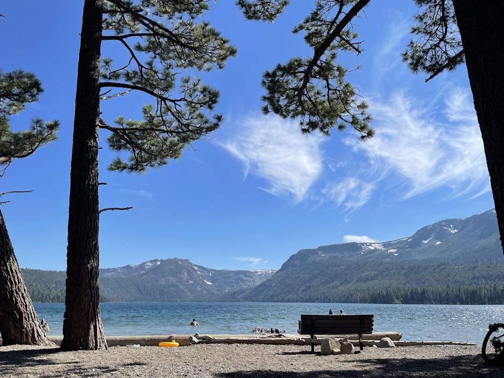 a bench on the shore of a lake with mountains in the background