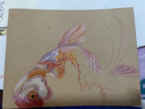 An incomplete drawing of a colorful koi fish on brown paper, featuring vibrant scales and delicate fin details. The use of colored pencils highlights hues of orange, yellow, and purple, creating a vibrant yet soft composition.