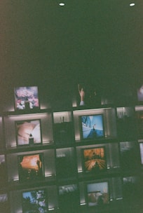 Several framed images and objects are arranged on illuminated shelves against a dark background. Some of the images include natural landscapes and artistic compositions, creating a curated and artistic display.