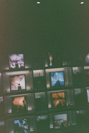 Several framed images and objects are arranged on illuminated shelves against a dark background. Some of the images include natural landscapes and artistic compositions, creating a curated and artistic display.