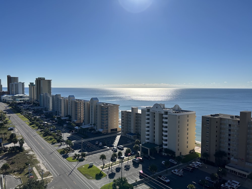 a view of the ocean from a high rise building