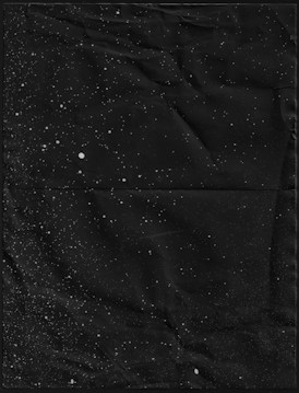 A textured black background is speckled with small white dots, resembling a star-filled night sky.