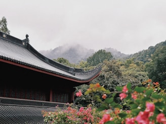 A traditional Asian architectural structure with an ornate roof is surrounded by lush greenery and vibrant pink flowers. The background features misty mountains shrouded in clouds, creating a serene and picturesque landscape.