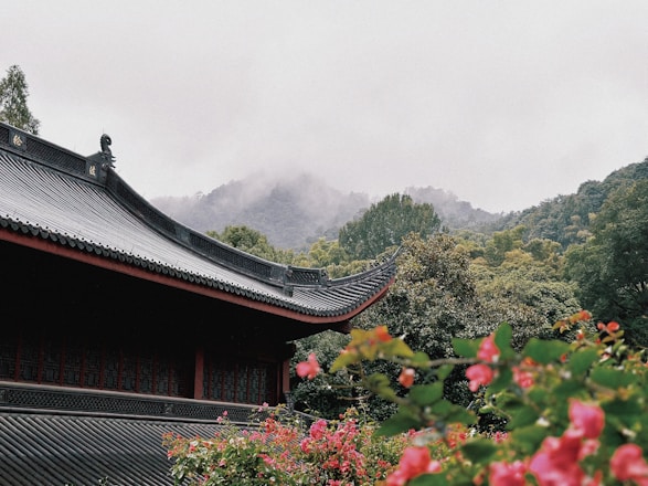 A traditional Asian architectural structure with an ornate roof is surrounded by lush greenery and vibrant pink flowers. The background features misty mountains shrouded in clouds, creating a serene and picturesque landscape.