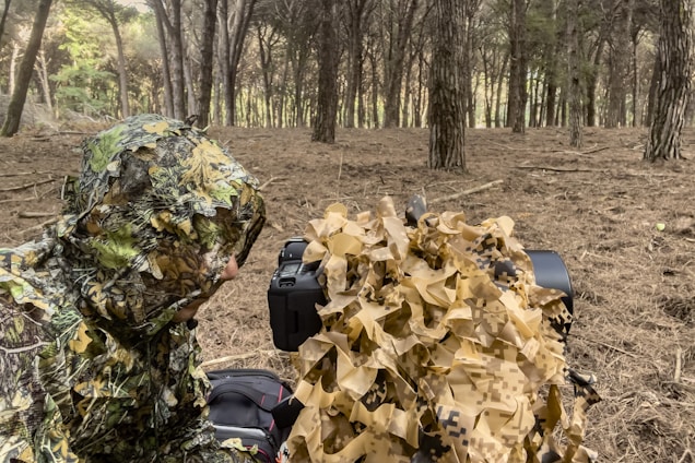 A person dressed in camouflaged clothing is closely observing through a large camera covered in camouflage netting. The setting is a dense forest with tall trees and a layer of fallen leaves on the ground.