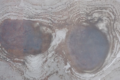 The image shows a close-up view of two natural rock formations with concentric patterns. One rock is darker with more defined layers, while the other is slightly lighter and has a more diffused appearance. The formations appear to be on a flat surface with visible water spots and sediment layers.