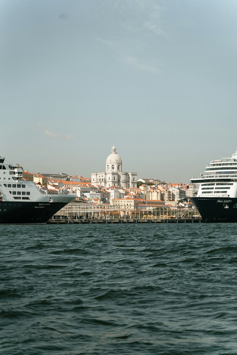 two cruise ships in the water near a city