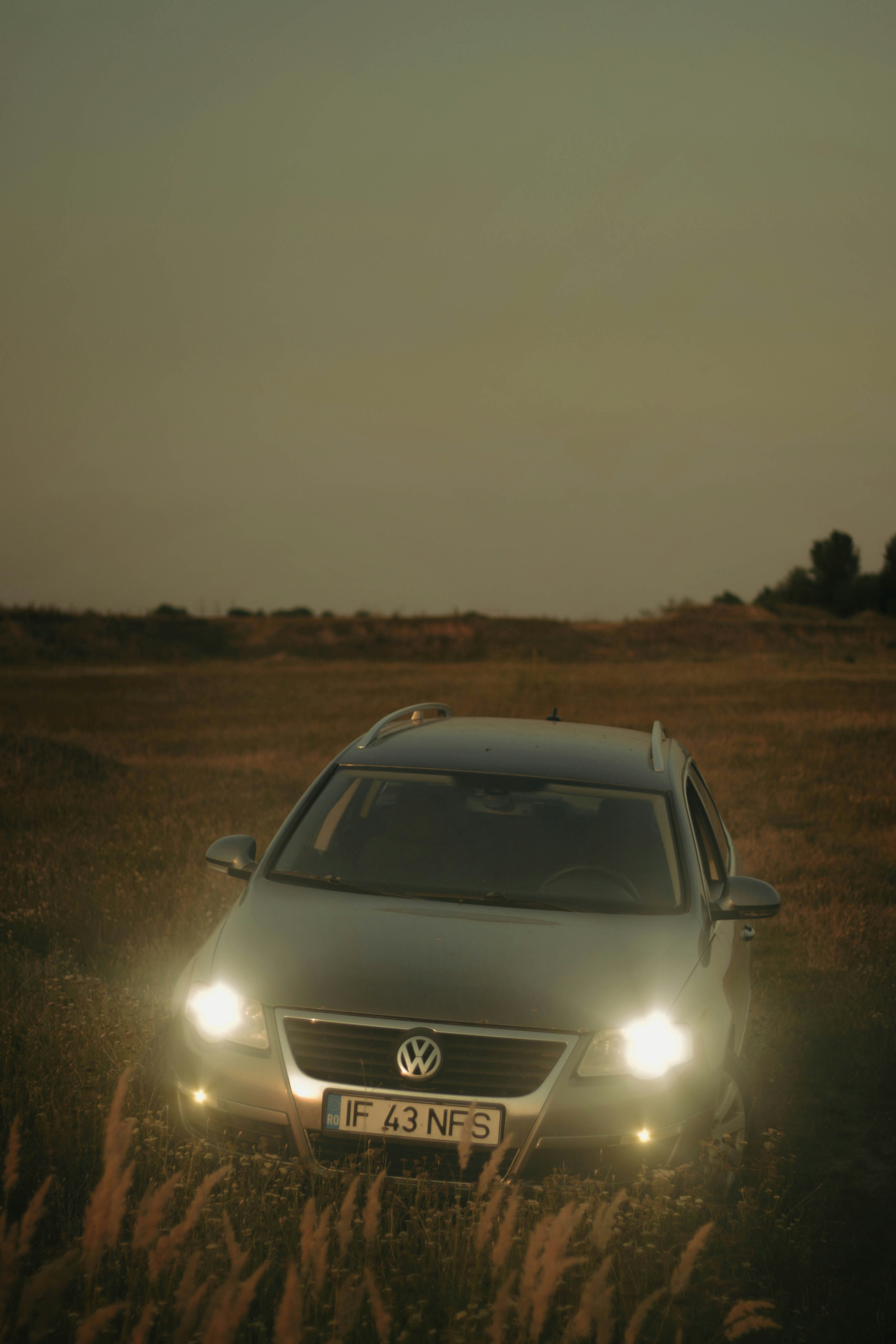 a car driving through a field of tall grass