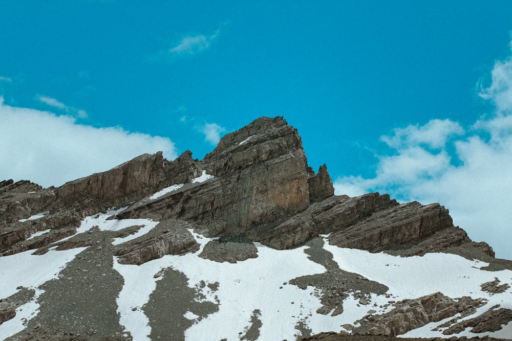 a snow covered mountain under a blue sky