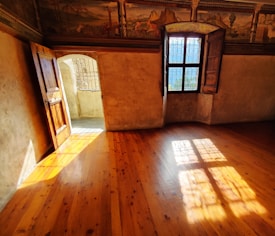 An empty room with wooden floors is illuminated by sunlight streaming through a partially open window. The walls are adorned with detailed murals depicting wildlife and landscapes, lending an artistic touch to the space. A wooden door stands slightly ajar, allowing additional light to spill into the room and creating patterns on the floor.