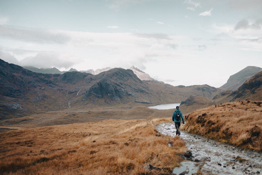 a person walking on a path in the mountains