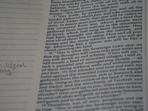 Close-up of handwritten prophetic notes laid out on a wooden table