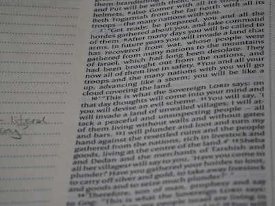 A close-up photograph of a page from a book, likely a religious text, featuring dense printed text on the right side. The left margin contains lined spaces for notes, where a few handwritten words are visible. The text includes a passage with verses speaking about future events and prophecies.