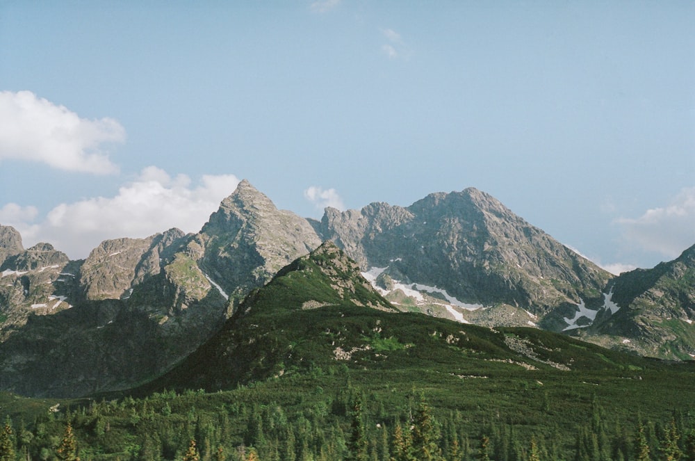 the mountains are covered in snow and trees