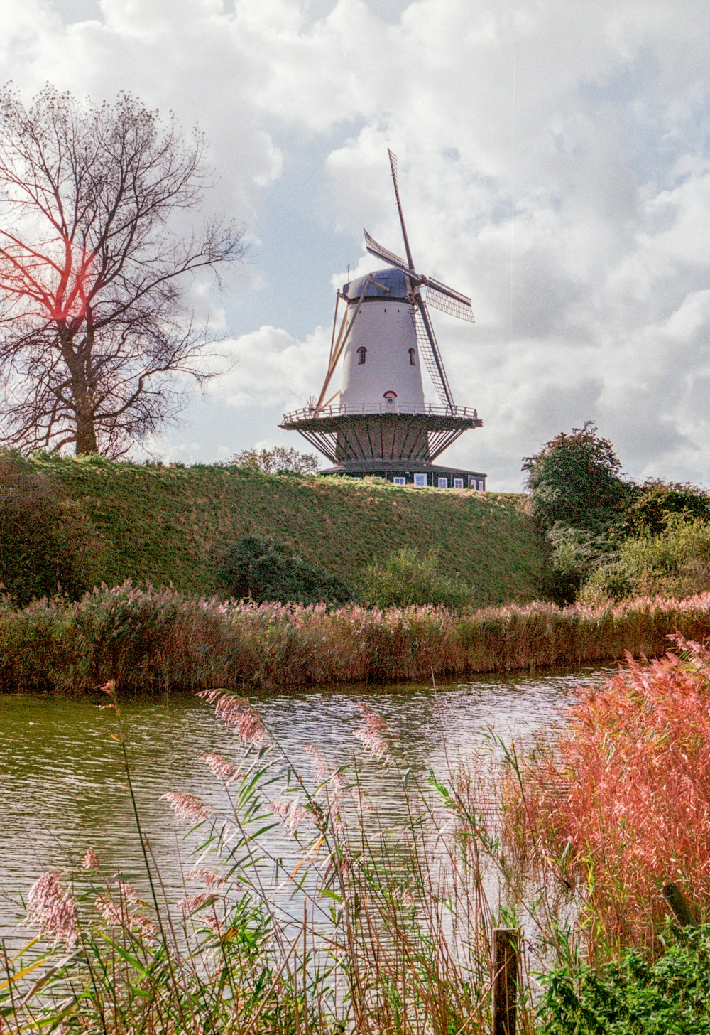 eine Windmühle, die auf einem Hügel neben einem Fluss sitzt