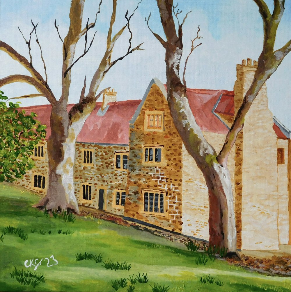 a painting of a brick building with trees in front of it
